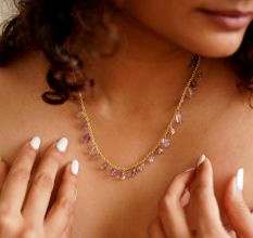 Amethyst gemstone drop necklace, Brass with 22k gold plated, Handmade jewelry